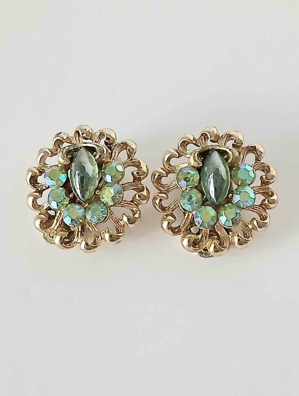 Vtg 60s Gold Cluster Clip-On Earrings with Green and Aurora Borealis Rinestones